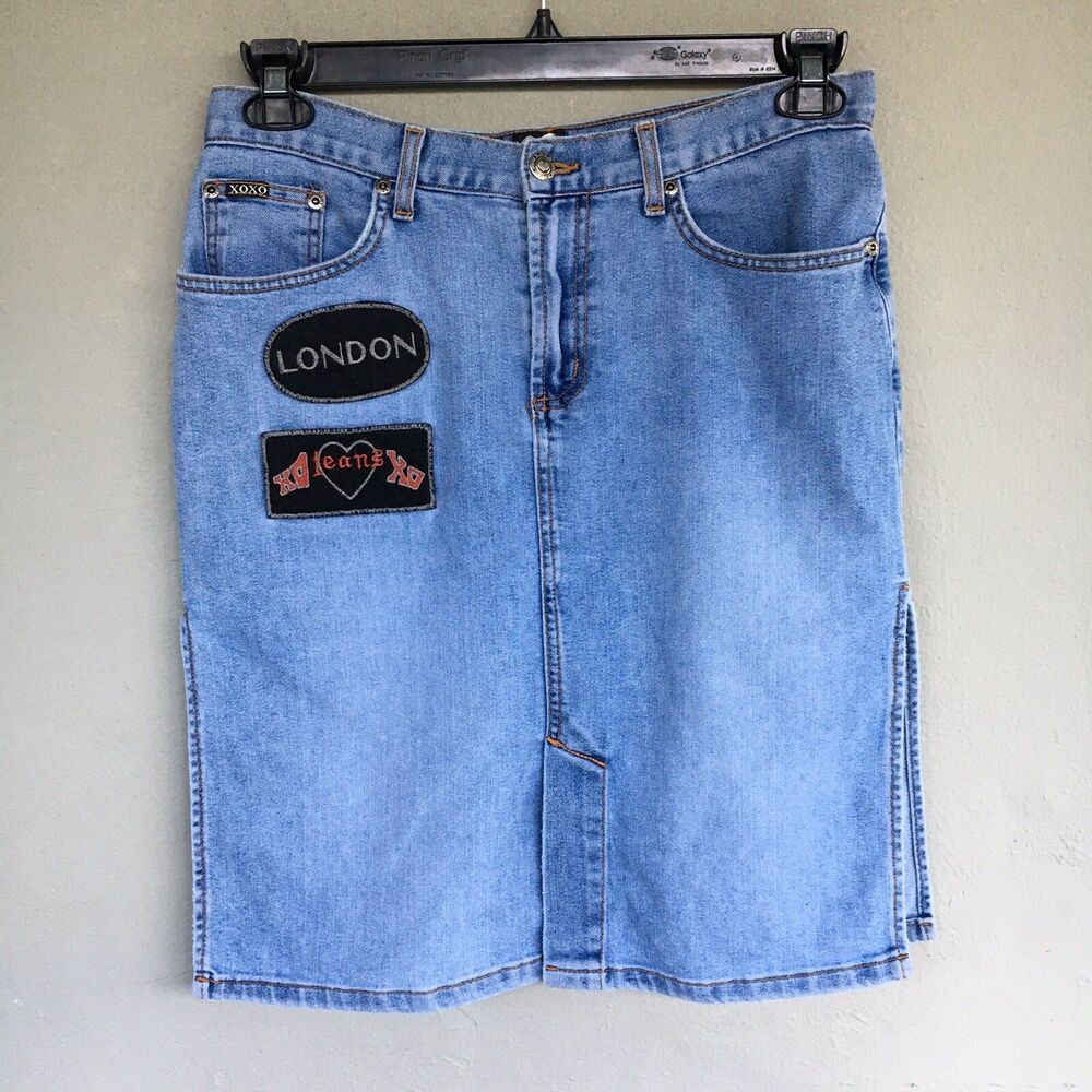 Vintage Y2K XOXO Denim Pencil Skirt Juniors 9/10 Patchwork Low Rise Slit McBling